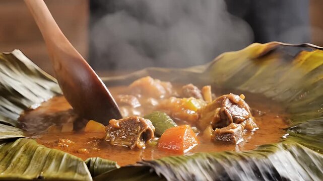 Traditional Cooking Method Meat Stew Wrapped in Banana Leaves.