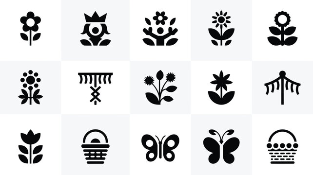 Collection of 15 minimalist may day icons flowers butterflies baskets and festive symbols representing spring nature and celebration with a clean modern aesthetic on a light grid
