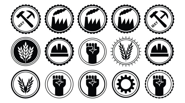 Collection of industrial and labor day icons featuring hammers factories wheat hard hats gears and raised fists in black and white circular emblem style for may day celebrations