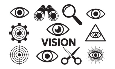 Obraz premium Set of vision related icons with eye, binoculars, magnifying glass, target, triangle and text on transparent background.