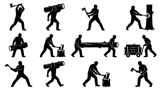 Lumberjack Silhouettes: Chopping, Carrying Wood, Logging Activity Icons
