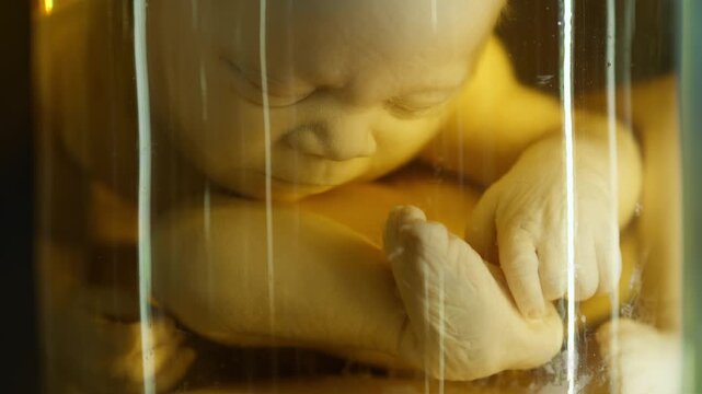 Exhibition of anatomical exhibits. A human infant with the pathological development of anencephaly