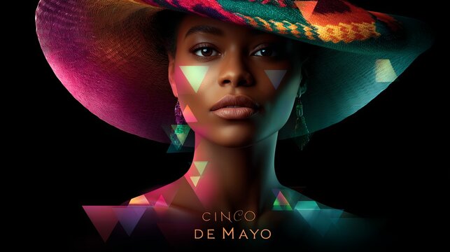 Woman with colorful hat and geometric light patterns on face for Cinco de Mayo event. Festive celebration design for holiday poster.