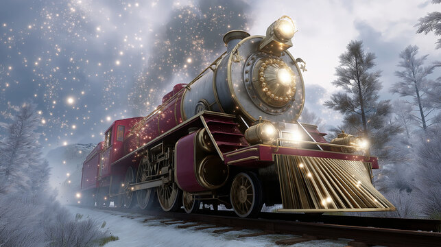 Festive polar express train with steam and magical lights traveling through a snowy winter landscape at night. Dreamy holiday journey concept for Christmas.