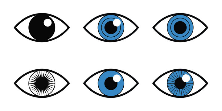 Collection of various human eye icons with blue and black irises on a transparent checkerboard background.