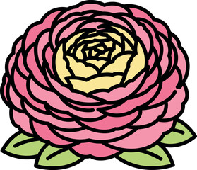 Obraz premium Cartoon pink rose flower with green leaves illustration