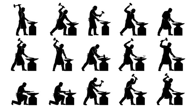 Blacksmithing Metalworking Silhouette Icons: Worker with Hammer and Anvil Glyph Set
