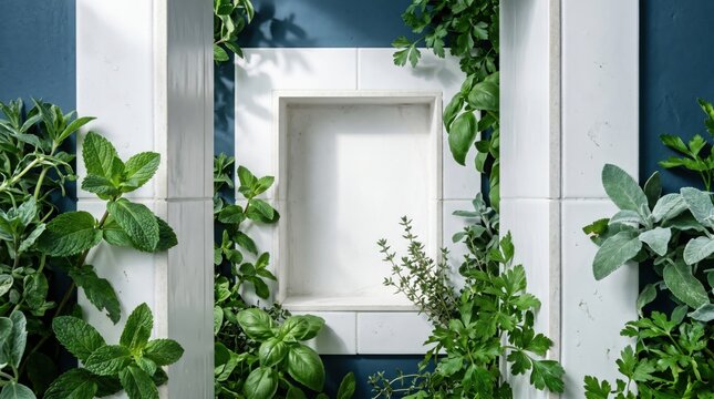Fresh green herbs growing around white tiled frame with copy space for food safety day or quality campaign on dark blue wall background with soft shadows