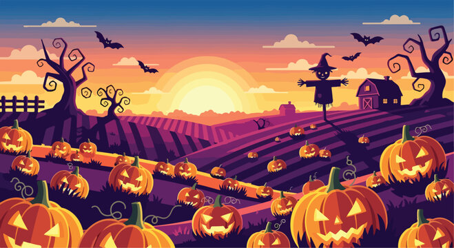 A scarecrow stands in a pumpkin patch at sunset