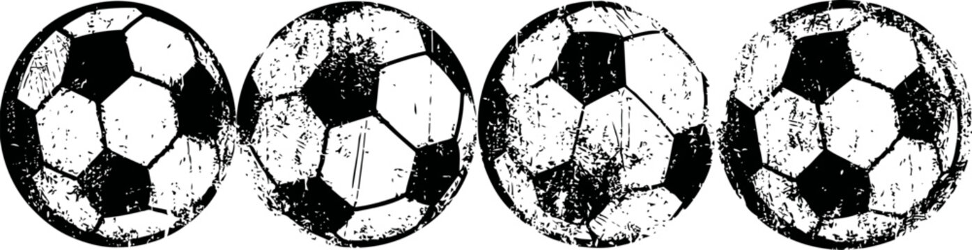 Vintage grunge soccer balls set four distressed footballs with worn texture, black and white illustration