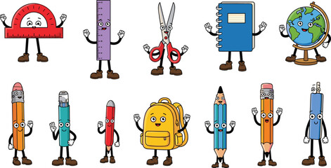 Naklejka premium Fun Cartoon Back to School Mascot Character Set with Protractor Ruler Scissors Notebook Globe Pencils Backpack and Animated Supply Collection