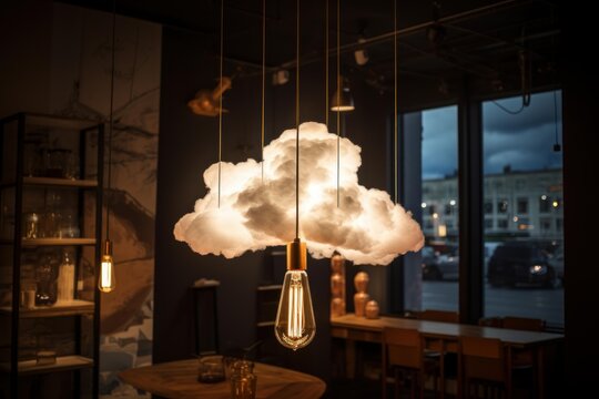 Cloud shaped lamps hanging from ceiling illuminating modern coffee shop interior