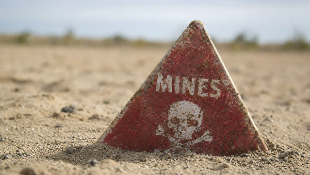 A red triangular warning sign with a skull symbol sticking out of the sandy ground to alert people about the presence of dangerous landmines in an expansive desert landscape under clear blue