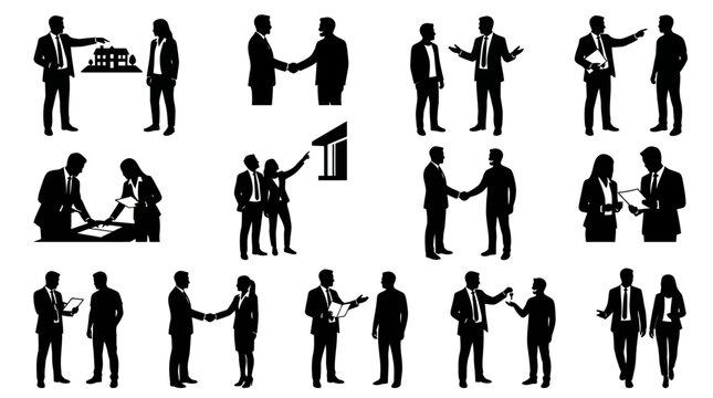Real Estate Business People Silhouette Vector Set - Agents, Clients, Property Transactions  Deals