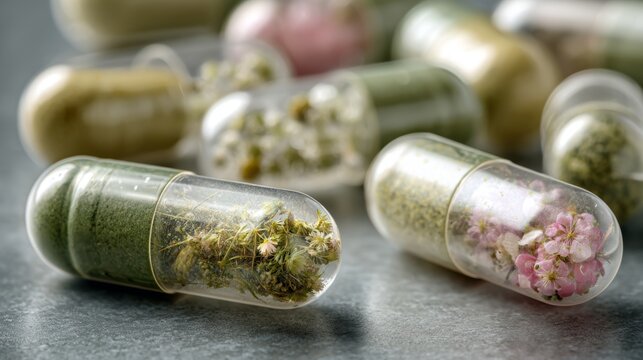 Colorful Herbal Capsules with Natural Ingredients for Wellness and Health Supplement Products, Isolated on Gray Background