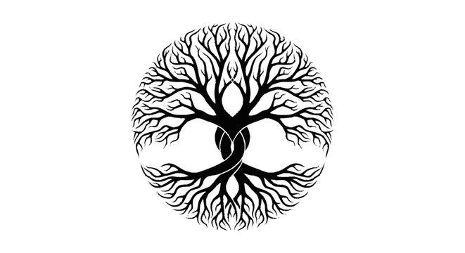 Elegant intertwined tree symbol in black line art, representing life, growth, and the unity of nature within a timeless circular design, perfect for spiritual and organic branding