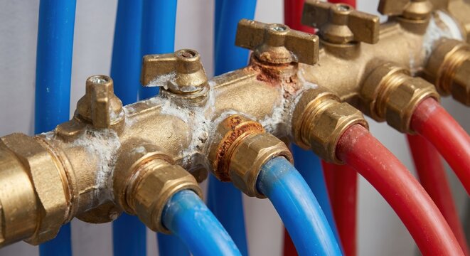 PEX plumbing manifold with mineral sediment and pipes