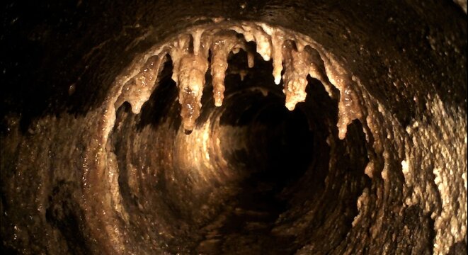 Mineral deposit stalactites inside residential drain pipe