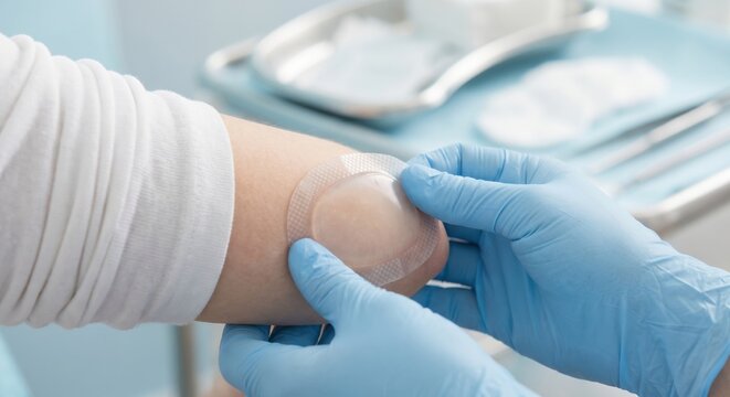 Medical professional applying adhesive patch to patient arm