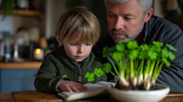 Father and son arrange green shamrock decorations in modest Dublin row house kitchen, family prayer book open on worn table beside bowl of spring bulbs, perfect for St Patricks Day