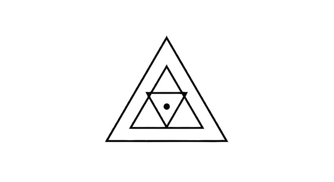 A minimalist geometric design featuring three concentric triangles with a small dot at the center, presented on a clean white background