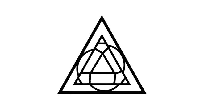 Abstract geometric symbol combining triangles and circles in a harmonious design, representing balance and spiritual connection, rendered in sleek black lines for a modern aesthetic