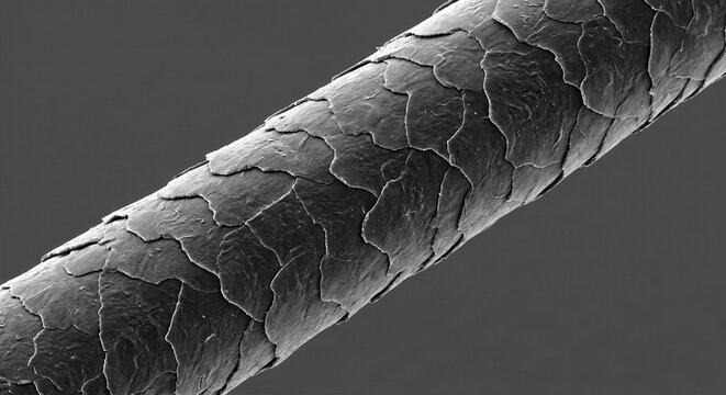 Human hair fiber under microscope showing keratin scales