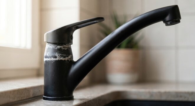 Matte black faucet with white mineral scale buildup