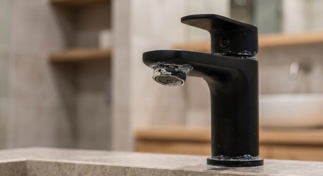 Matte black bathroom faucet with white limescale and calcium buildup