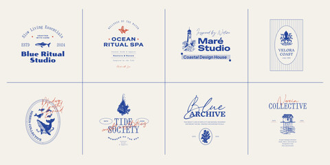 Obraz premium Set of ocean-themed vector logos. Includes stylized waves, marine animals, and coastal elements. Great for branding beach resorts, travel services, or eco-friendly businesses.