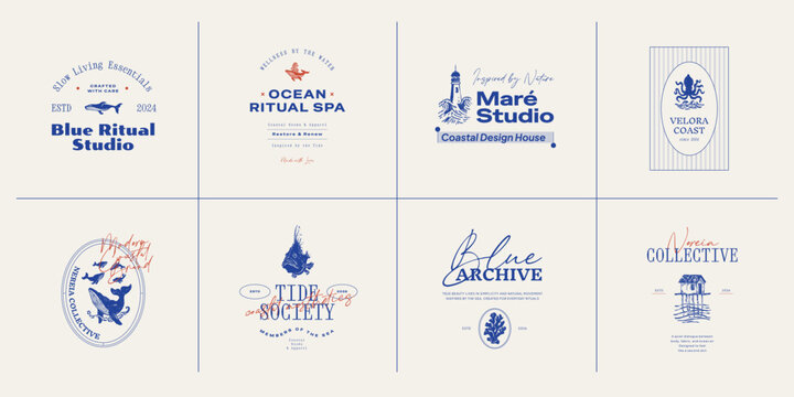 Set of ocean-themed vector logos. Includes stylized waves, marine animals, and coastal elements. Great for branding beach resorts, travel services, or eco-friendly businesses.