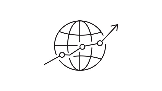 Global Growth and Web Analytics Vector Icon with Editable Stroke; Minimalist Line Illustration of a Globe and Upward Trending Graph for International Business, Data Tracking, and Market Success.