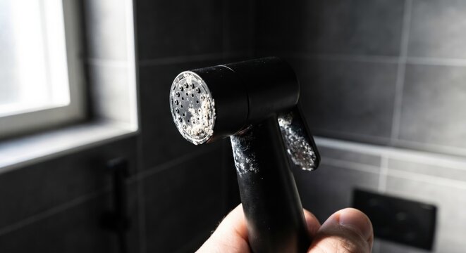 Matte black bidet sprayer with white limescale mineral buildup