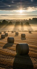 Obraz premium Hay Bales at Sunrise.