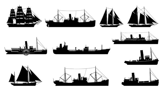 Silhouette Collection of Vintage and Modern Ships, Vector Art