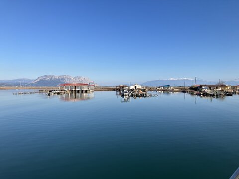 Wooden houses on stilts in the lagoon of Messolonghi