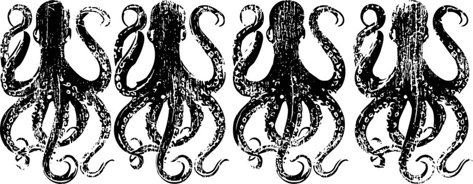 vintage grunge octopus silhouettes in a row with tentacles detailed and textured design