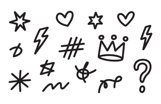 Collection of doodle symbols hearts stars lightning crown hashtag question mark hand drawn set.