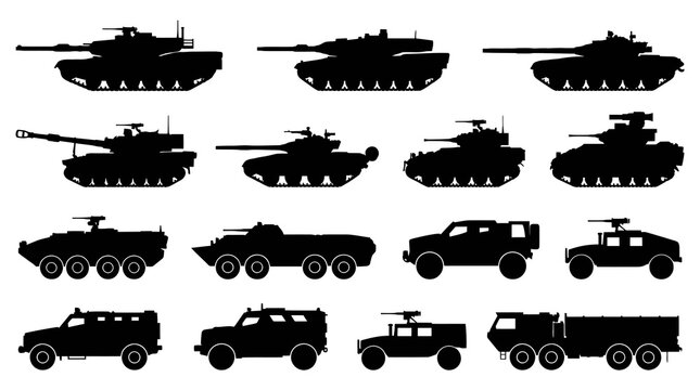 Military and Defense Ground Vehicles Black Silhouettes Set Vector Collection