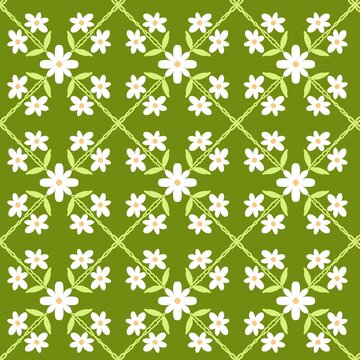 Green floral seamless pattern with repeating white flower ornament.