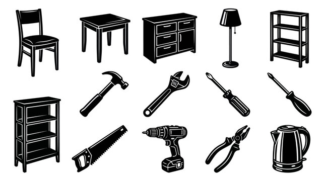 Home Furnishings and DIY Tools Black  White Glyph Icons Set