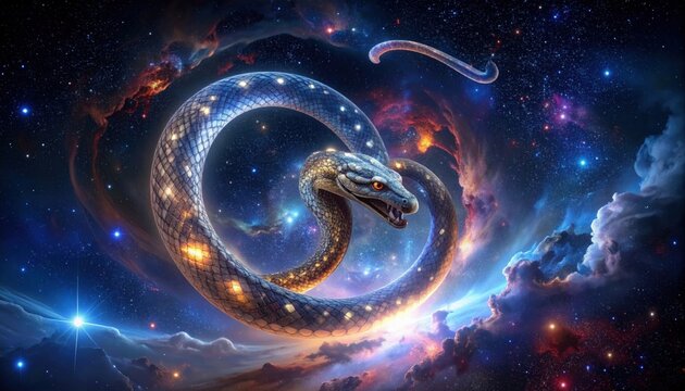 Majestic Celestial Serpent Coiling Through A Vibrant Cosmic Nebula