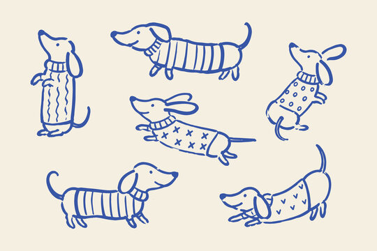 Dachshund dog sweaters set naive sketch vector illustration
