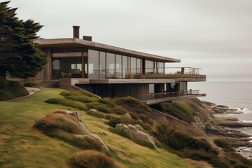 Obraz premium Luxurious house with large glass windows perched on a cliff offers stunning ocean views, integrating architecture with nature
