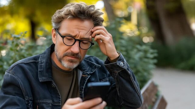 Frustrated senior man attempting mobile banking app on smartphone in park setting, digital literacy challenges visible, technology adoption struggles, ideal for digital banking ado