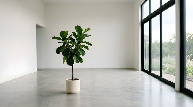 Minimalist Interior Design with Large Fiddle Leaf Fig Plant in White Ceramic Pot Standing on Polished Concrete Floor in Bright Modern Empty Room with Large Windows and Natural Light