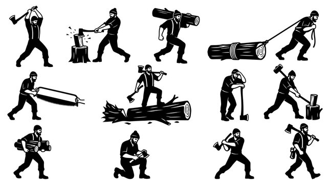 Lumberjack Logging Black  White Glyph Icons Set - Woodcutter Silhouettes with Axes  Saws