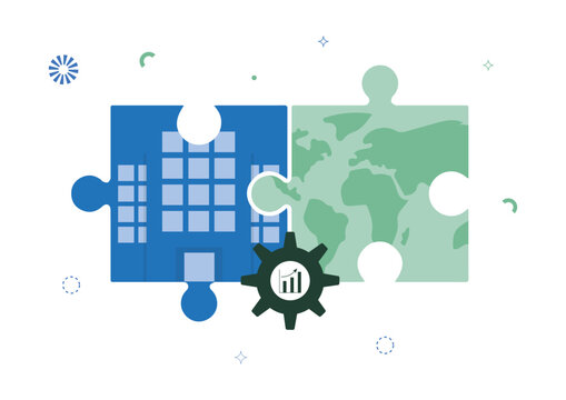 Double materiality concept show connection between business and environmental impact. Puzzle pieces illustrate ESG analysis linking financial performance and sustainability issues. Vector illustration