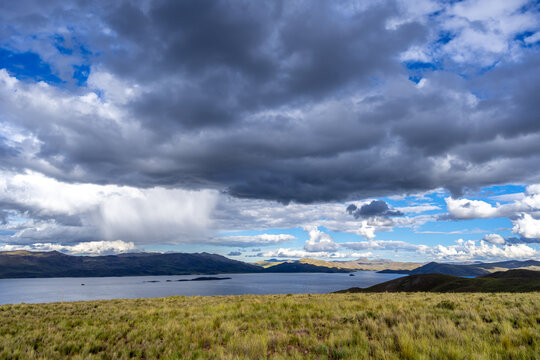 Storm clouds over Lake Lagunillas in the Peruvian highlands