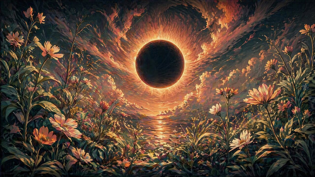 Surreal oil painting of a total solar eclipse over a blooming flower field at sunset, cosmic landscape with dramatic clouds